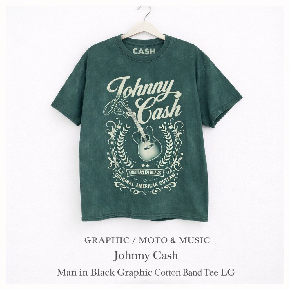 Johnny Cash Man in Black Graphic T-Shirt Green Cotton Band Tee LG